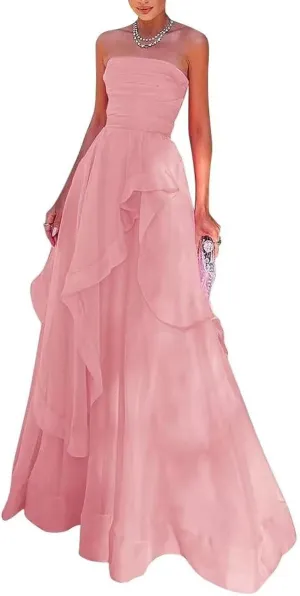 Strapless Chiffon Prom Dresses Sleeveless Pleats A Line Formal Evening Party Gowns for Women 2025