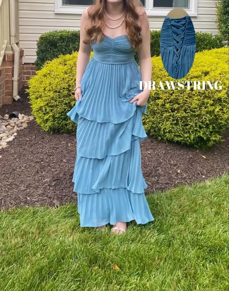 Strapless Chiffon Prom Dresses Tiered Flowy Sleeveless Tube Top A Line Pleated Evening Party Gowns Long