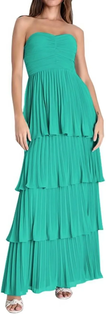 Strapless Chiffon Prom Dresses Tiered Flowy Sleeveless Tube Top A Line Pleated Evening Party Gowns Long