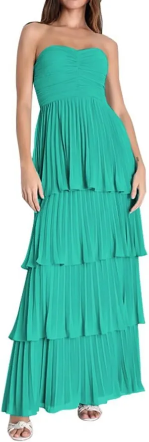 Strapless Chiffon Prom Dresses Tiered Flowy Sleeveless Tube Top A Line Pleated Evening Party Gowns Long