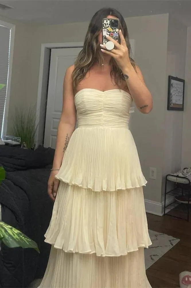 Strapless Chiffon Prom Dresses Tiered Flowy Sleeveless Tube Top A Line Pleated Evening Party Gowns Long