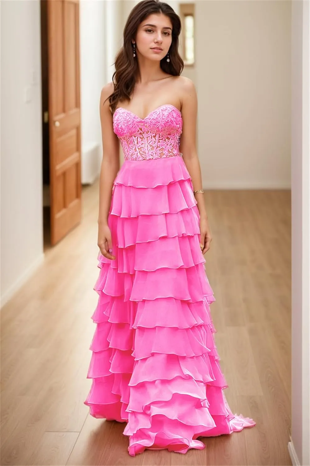 Strapless Lace Applique Prom Dresses 2024 Long Tiered Ruffle Chiffon Corset Formal Evening Party Dress with Slit