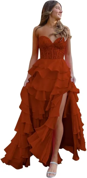 Strapless Lace Applique Prom Dresses 2024 Long Tiered Ruffle Chiffon Corset Formal Evening Party Dress with Slit