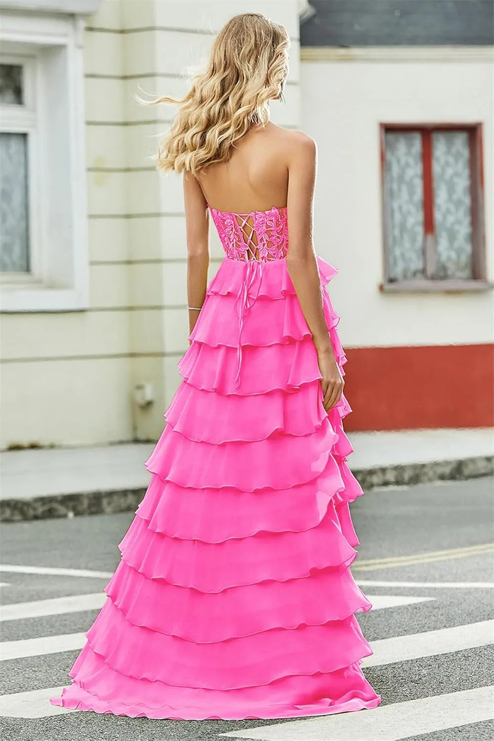 Strapless Lace Applique Prom Dresses 2024 Long Tiered Ruffle Chiffon Corset Formal Evening Party Dress with Slit