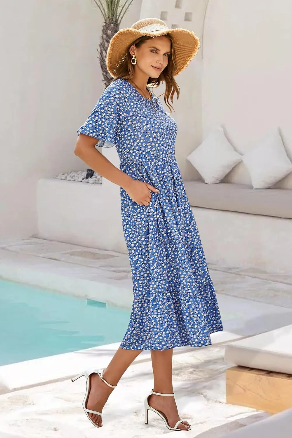 STYLEWORD Women's Summer 2025 Casual Short Sleeve Tiered Flowy Spring Dress Long Midi Beach Sundress Vacation Outfits