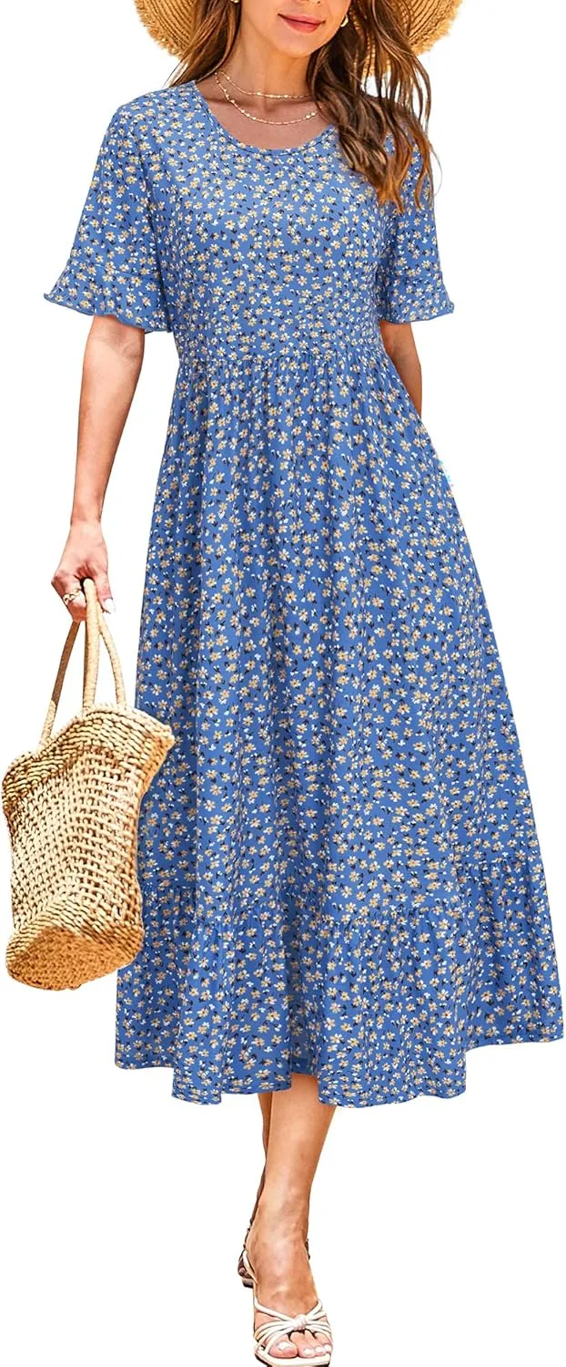 STYLEWORD Women's Summer 2025 Casual Short Sleeve Tiered Flowy Spring Dress Long Midi Beach Sundress Vacation Outfits