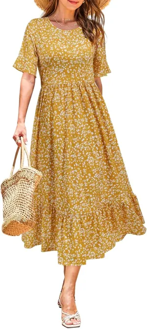 STYLEWORD Women's Summer 2025 Casual Short Sleeve Tiered Flowy Spring Dress Long Midi Beach Sundress Vacation Outfits