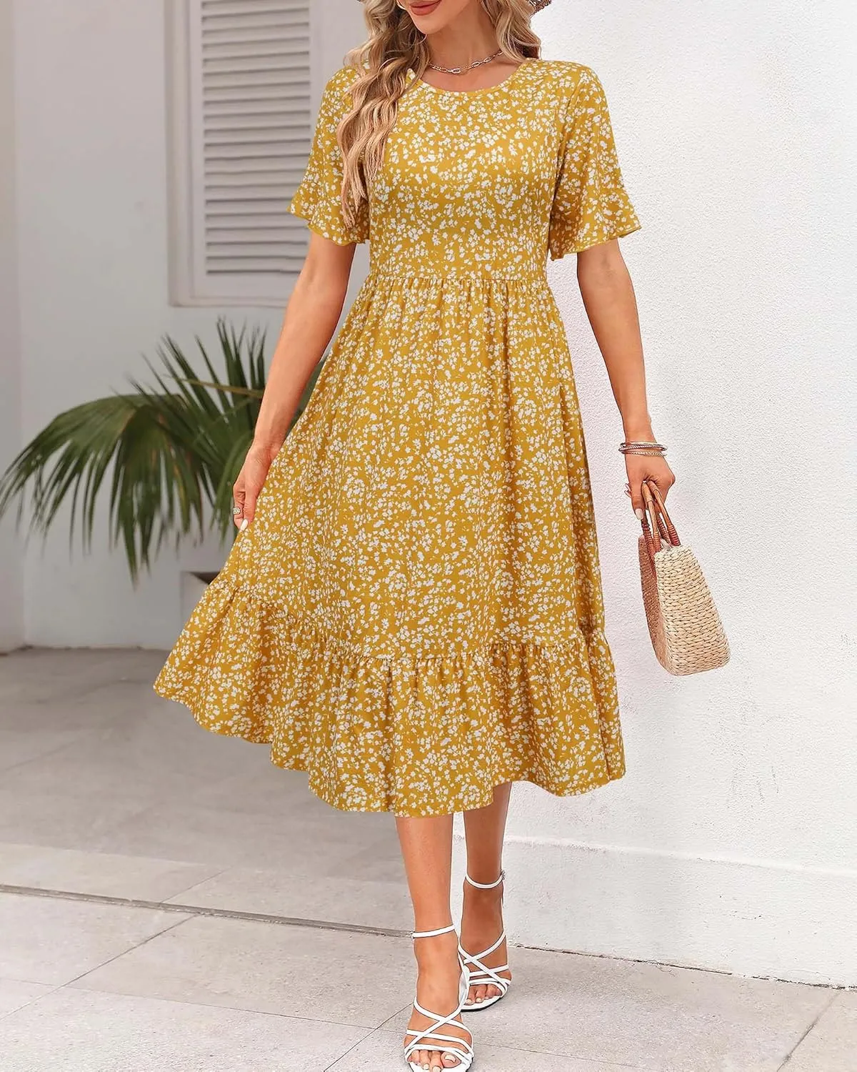 STYLEWORD Women's Summer 2025 Casual Short Sleeve Tiered Flowy Spring Dress Long Midi Beach Sundress Vacation Outfits