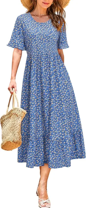 STYLEWORD Women's Summer 2025 Casual Short Sleeve Tiered Flowy Spring Dress Long Midi Beach Sundress Vacation Outfits