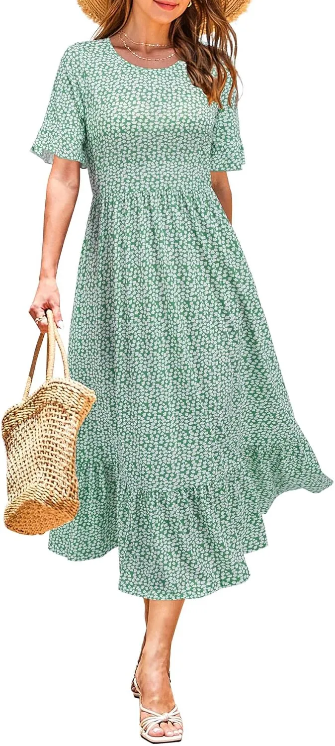 STYLEWORD Women's Summer 2025 Casual Short Sleeve Tiered Flowy Spring Dress Long Midi Beach Sundress Vacation Outfits