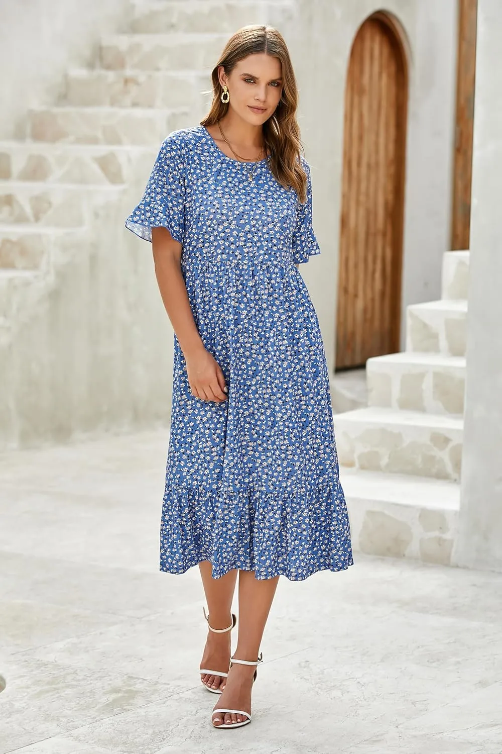 STYLEWORD Women's Summer 2025 Casual Short Sleeve Tiered Flowy Spring Dress Long Midi Beach Sundress Vacation Outfits