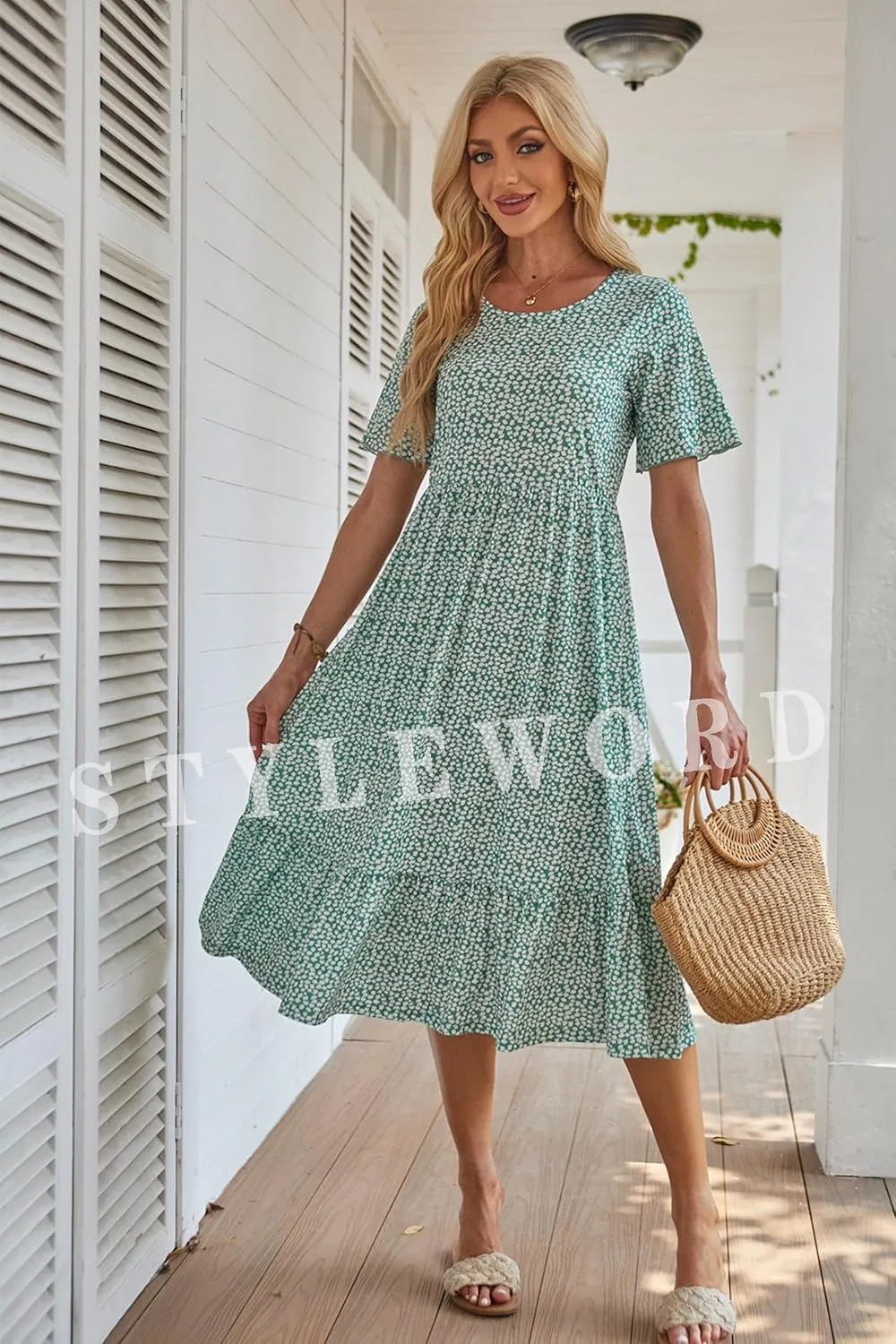 STYLEWORD Women's Summer 2025 Casual Short Sleeve Tiered Flowy Spring Dress Long Midi Beach Sundress Vacation Outfits