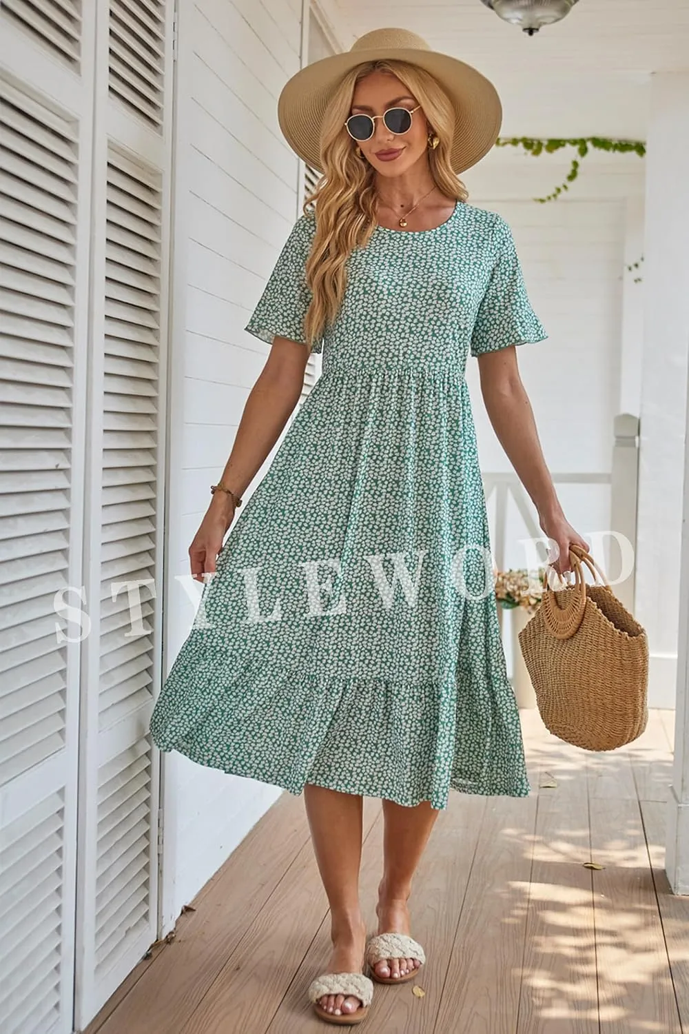 STYLEWORD Women's Summer 2025 Casual Short Sleeve Tiered Flowy Spring Dress Long Midi Beach Sundress Vacation Outfits