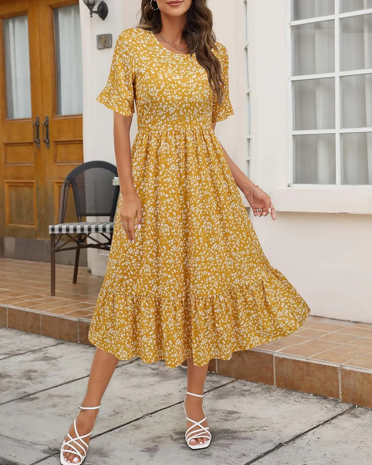 STYLEWORD Women's Summer 2025 Casual Short Sleeve Tiered Flowy Spring Dress Long Midi Beach Sundress Vacation Outfits
