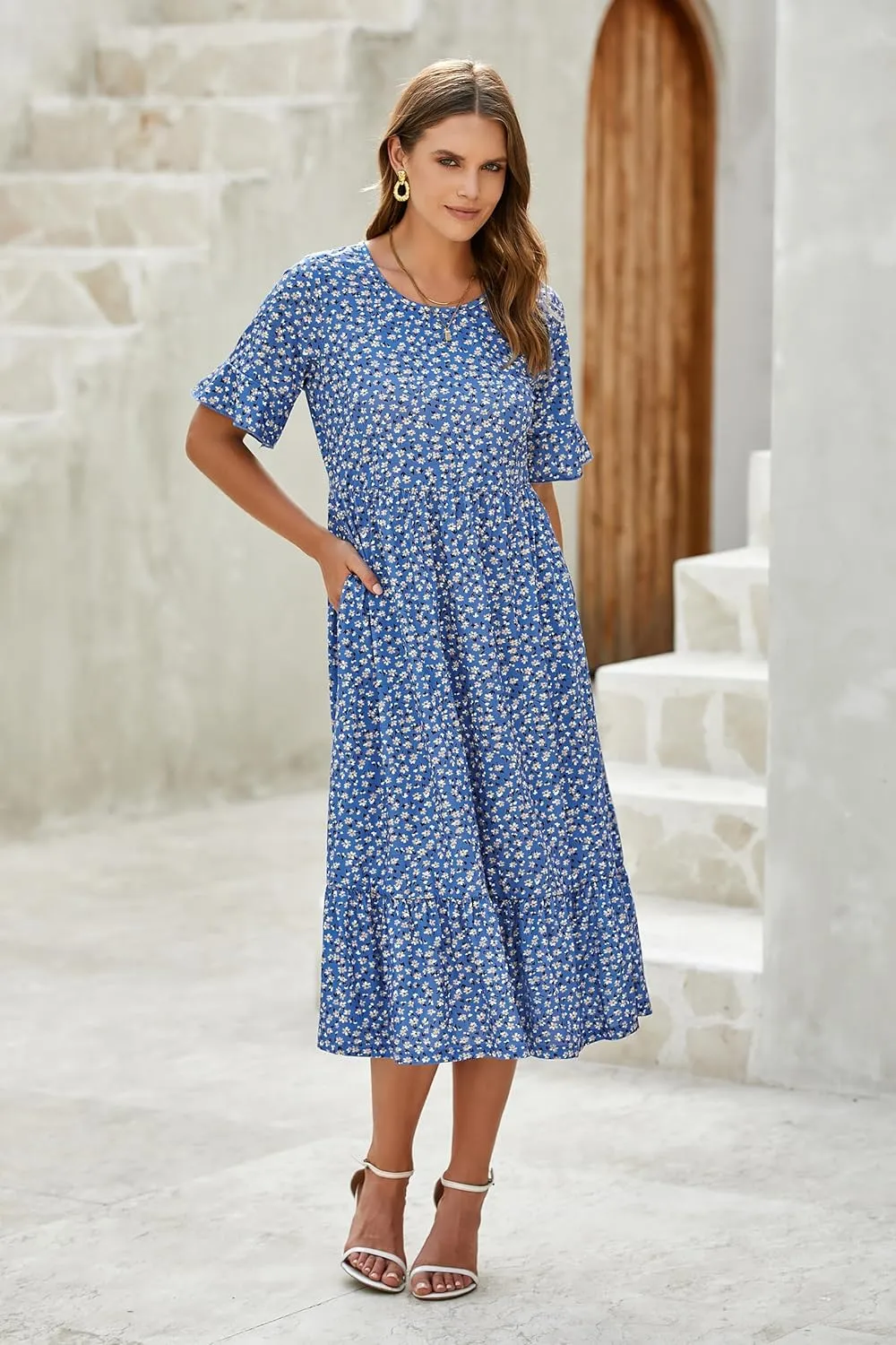 STYLEWORD Women's Summer 2025 Casual Short Sleeve Tiered Flowy Spring Dress Long Midi Beach Sundress Vacation Outfits