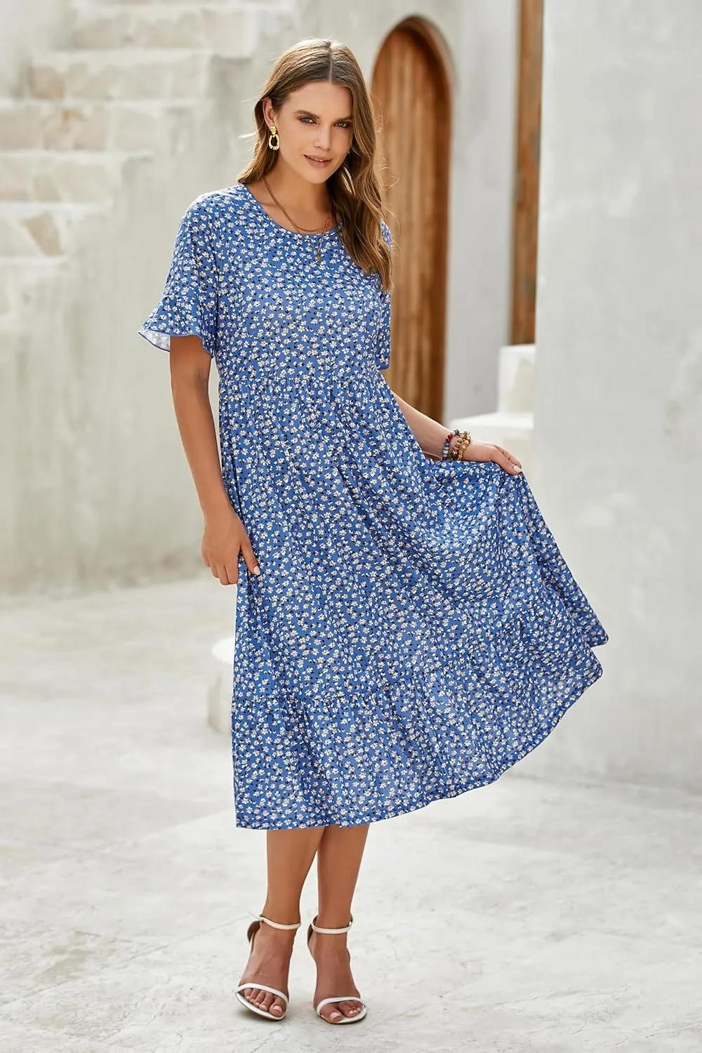 STYLEWORD Women's Summer 2025 Casual Short Sleeve Tiered Flowy Spring Dress Long Midi Beach Sundress Vacation Outfits
