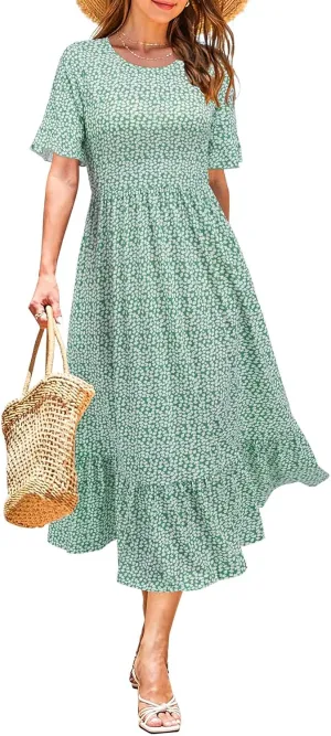 STYLEWORD Women's Summer 2025 Casual Short Sleeve Tiered Flowy Spring Dress Long Midi Beach Sundress Vacation Outfits