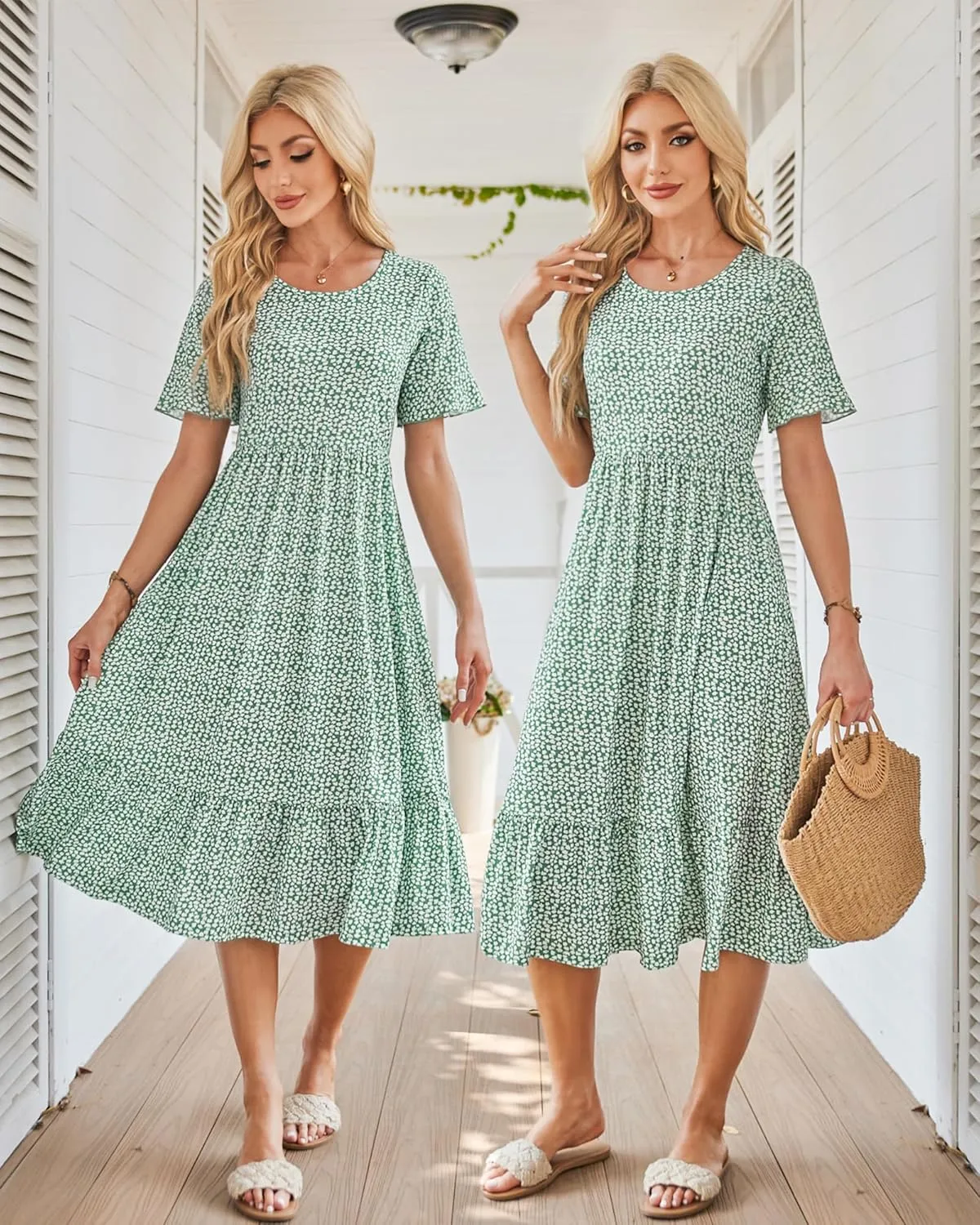 STYLEWORD Women's Summer 2025 Casual Short Sleeve Tiered Flowy Spring Dress Long Midi Beach Sundress Vacation Outfits