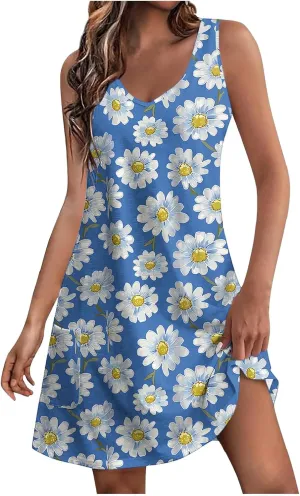 Summer Beach Dresses for Women 2025 Trendy Sleeveless v Neck Flowy Mini Aline Dress Boho Floral Tshirt Tank Sundress
