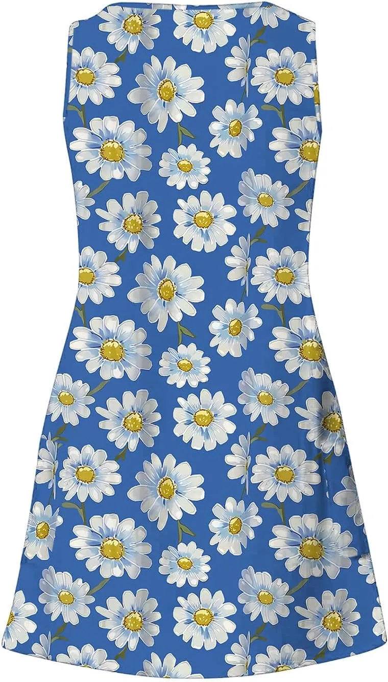 Summer Beach Dresses for Women 2025 Trendy Sleeveless v Neck Flowy Mini Aline Dress Boho Floral Tshirt Tank Sundress