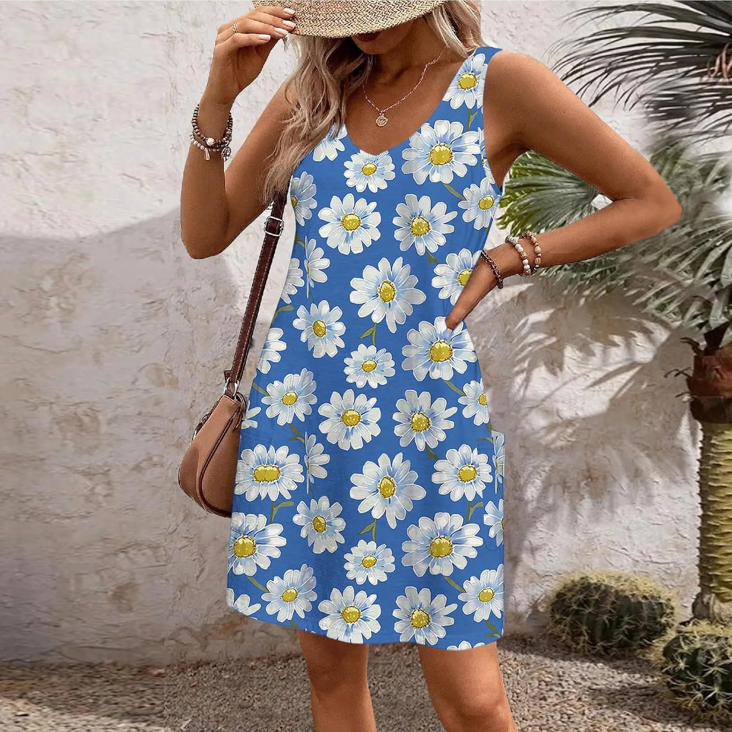 Summer Beach Dresses for Women 2025 Trendy Sleeveless v Neck Flowy Mini Aline Dress Boho Floral Tshirt Tank Sundress
