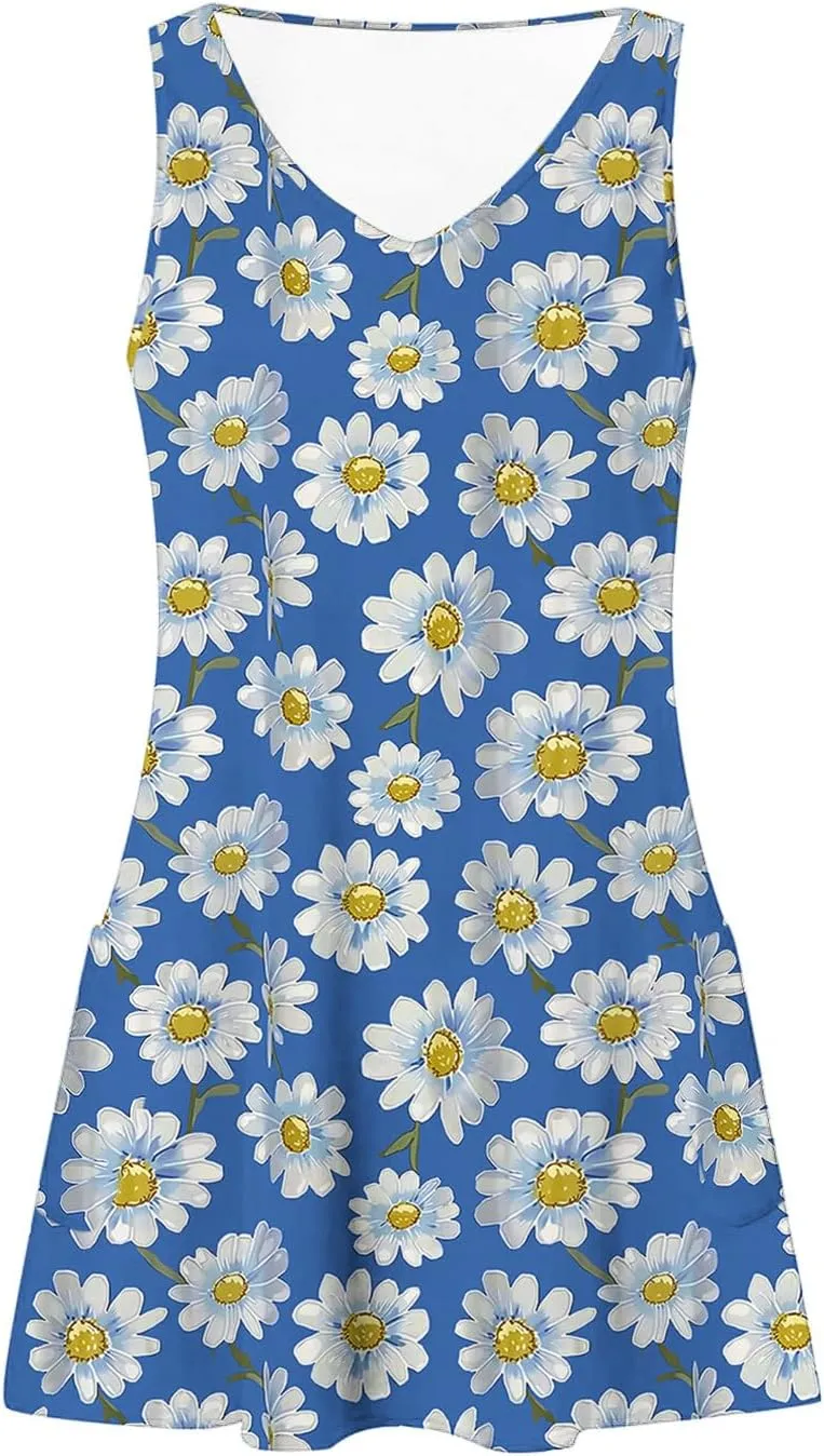 Summer Beach Dresses for Women 2025 Trendy Sleeveless v Neck Flowy Mini Aline Dress Boho Floral Tshirt Tank Sundress