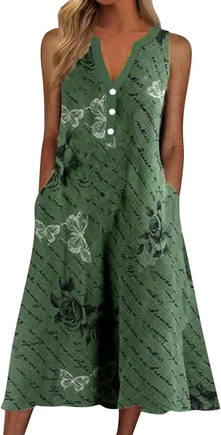 Summer Dresses for Women 2022 Casual Stripe Button V Neck Sleeveless Pocket Long Dress Holiday Dress Floral Party Beach Sundress Midi Dress (Green, L)
