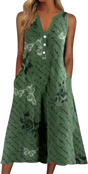 Summer Dresses for Women 2022 Casual Stripe Button V Neck Sleeveless Pocket Long Dress Holiday Dress Floral Party Beach Sundress Midi Dress (Green, L)