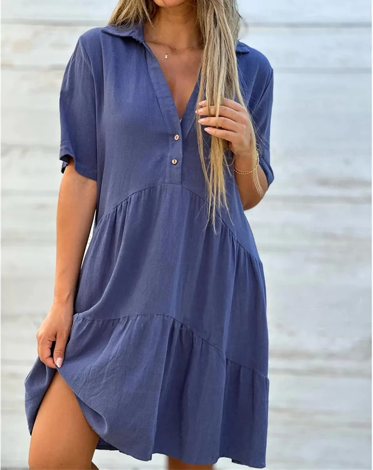 Summer Dresses for Women 2024 Casual V Neck Ruffle Button Dresses Short Sleeve Solid Color Elegant Boho Mini Dress