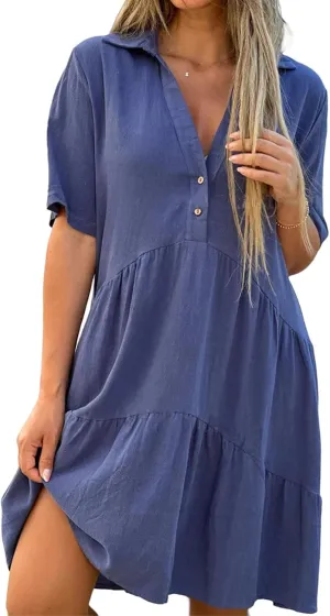 Summer Dresses for Women 2024 Casual V Neck Ruffle Button Dresses Short Sleeve Solid Color Elegant Boho Mini Dress