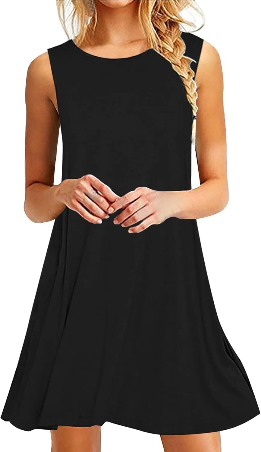 Summer Dresses for Women 2024 Crewneck Sleeveless Swing Solid Color Sundress Trendy Casual Vacation Beach Midi Dress