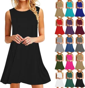 Summer Dresses for Women 2024 Crewneck Sleeveless Swing Solid Color Sundress Trendy Casual Vacation Beach Midi Dress