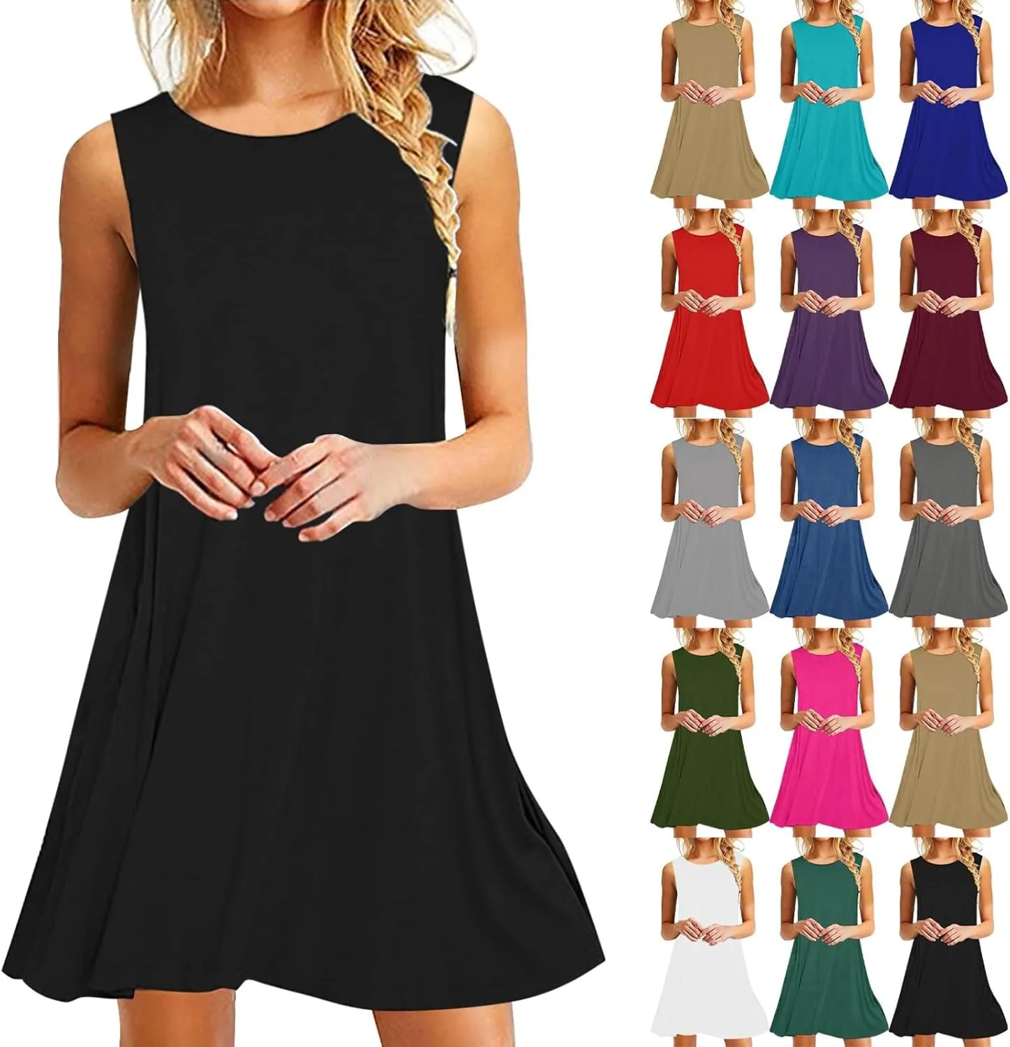 Summer Dresses for Women 2024 Crewneck Sleeveless Swing Solid Color Sundress Trendy Casual Vacation Beach Midi Dress