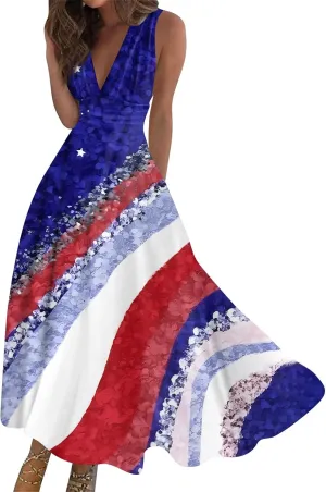 Summer Dresses for Women 2024 Elegant Wrap V Neck Sleeveless Marble Printed Sundress Flowy Swing Beach Resort Wear