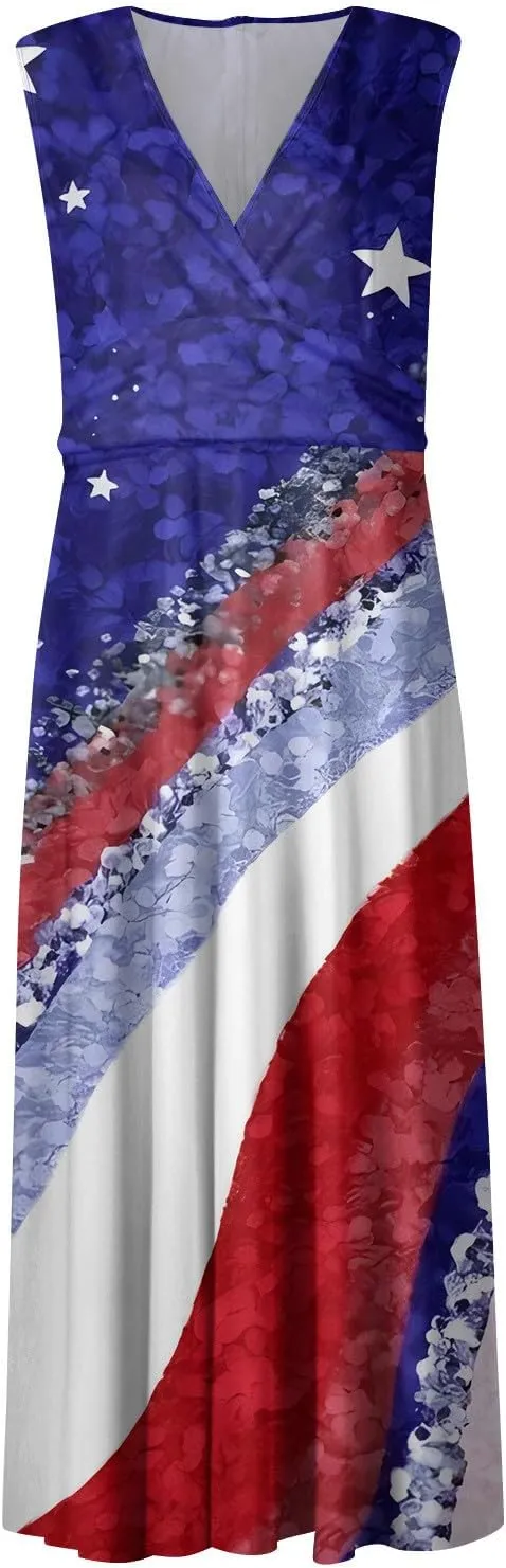 Summer Dresses for Women 2024 Elegant Wrap V Neck Sleeveless Marble Printed Sundress Flowy Swing Beach Resort Wear