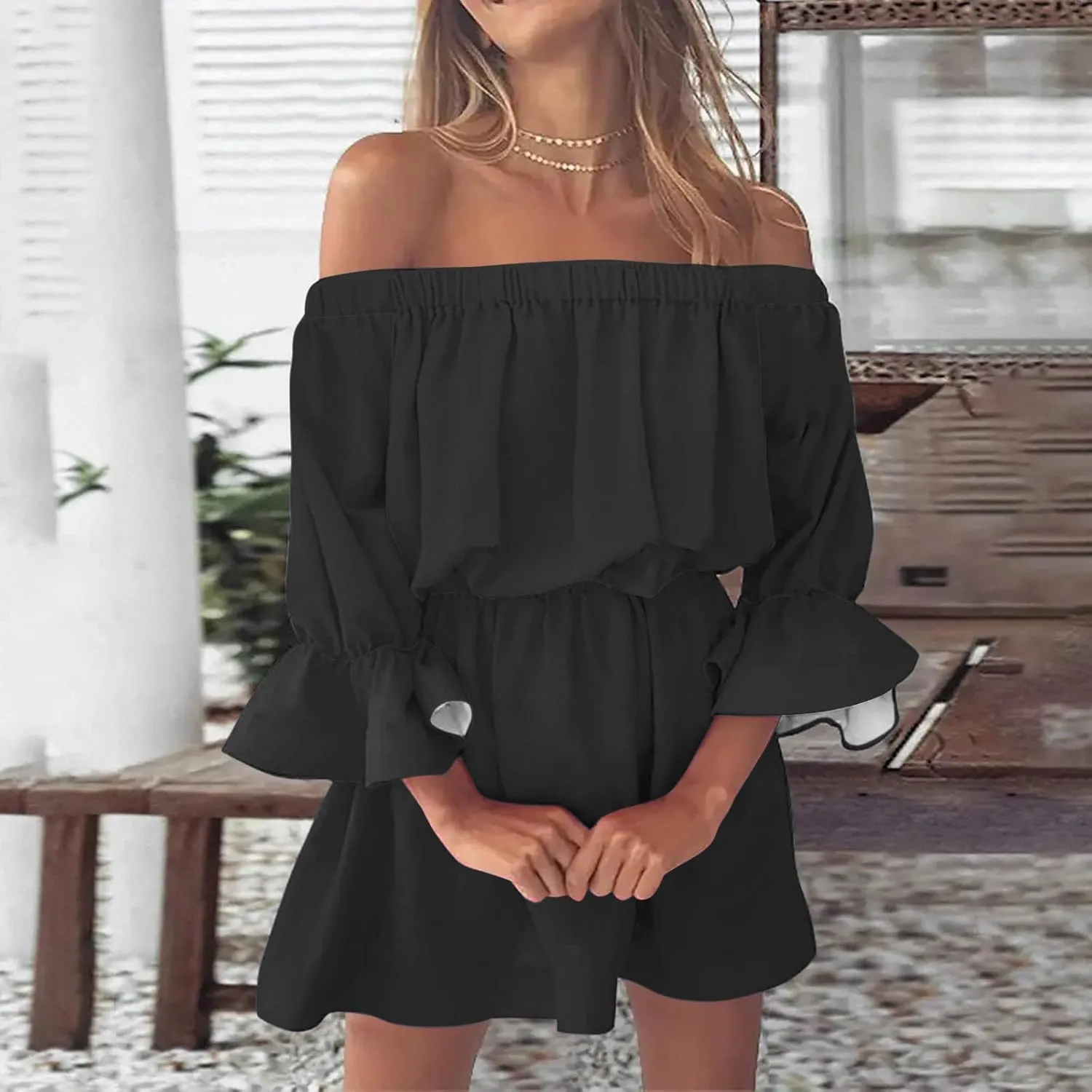Summer Dresses for Women 2024 Off The Shoulder Ruffle Mini Dress Elastic Waist Long Sleeve Swing Boho Sun Dress