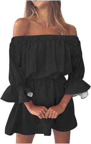 Summer Dresses for Women 2024 Off The Shoulder Ruffle Mini Dress Elastic Waist Long Sleeve Swing Boho Sun Dress