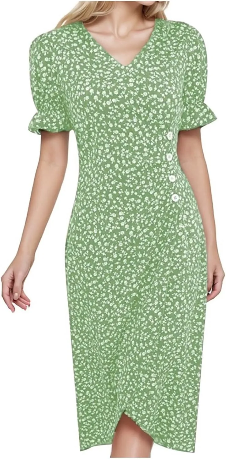Summer Dresses for Women 2024 Short Sleeve V Neck Wrap Dress Casual Midi Sundresses Sleeve Ruffle Dress Casual Mini Dresses