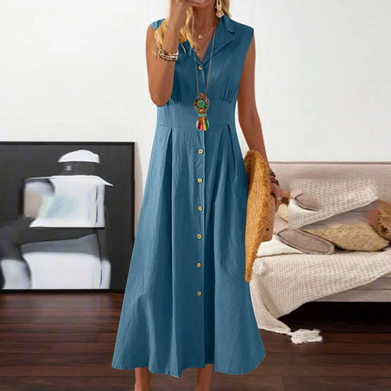 Summer Dresses for Women 2025 Casual Beach Cotton Linen Button Down Sundresses Loose V Neck Sleeveless Maxi Dress