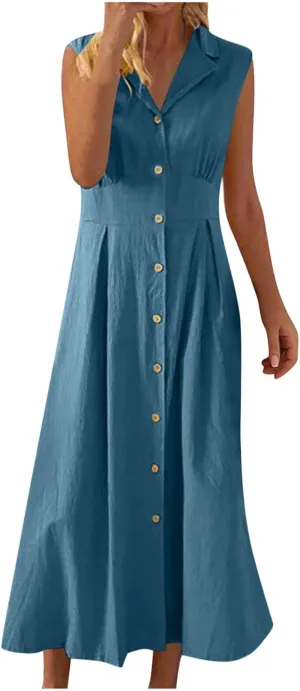 Summer Dresses for Women 2025 Casual Beach Cotton Linen Button Down Sundresses Loose V Neck Sleeveless Maxi Dress