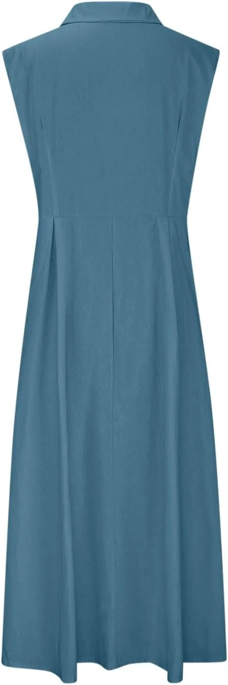 Summer Dresses for Women 2025 Casual Beach Cotton Linen Button Down Sundresses Loose V Neck Sleeveless Maxi Dress