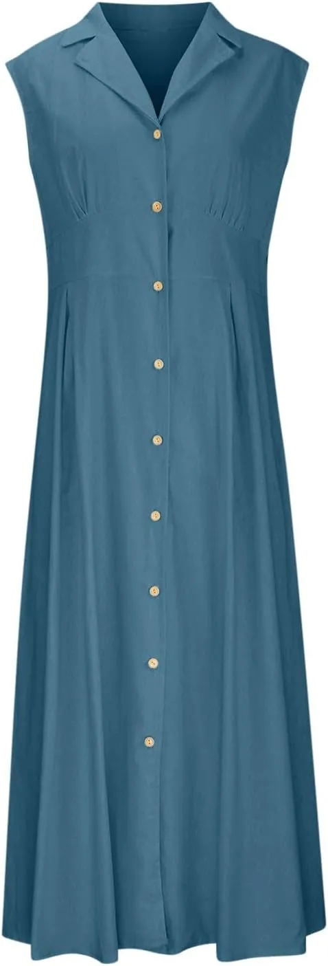 Summer Dresses for Women 2025 Casual Beach Cotton Linen Button Down Sundresses Loose V Neck Sleeveless Maxi Dress
