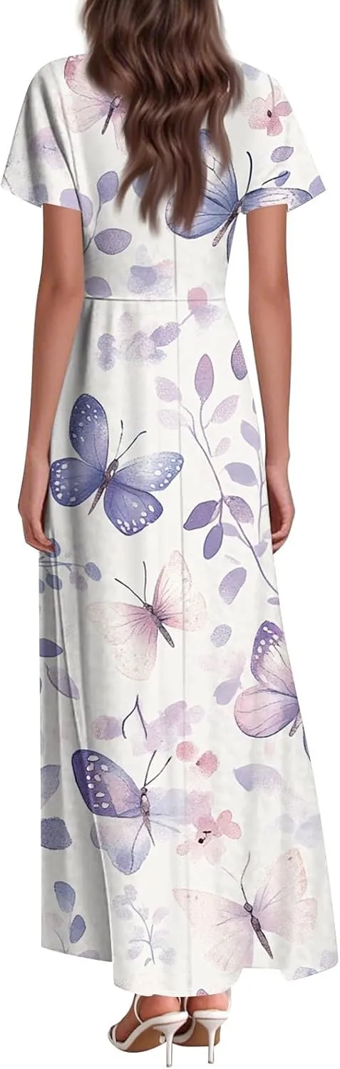 Summer Dresses for Women 2025 Casual Floral V-Neck Ruffle Short Sleeve Casual Wedding Guest Aline Swing Long Dress,XS-2XL