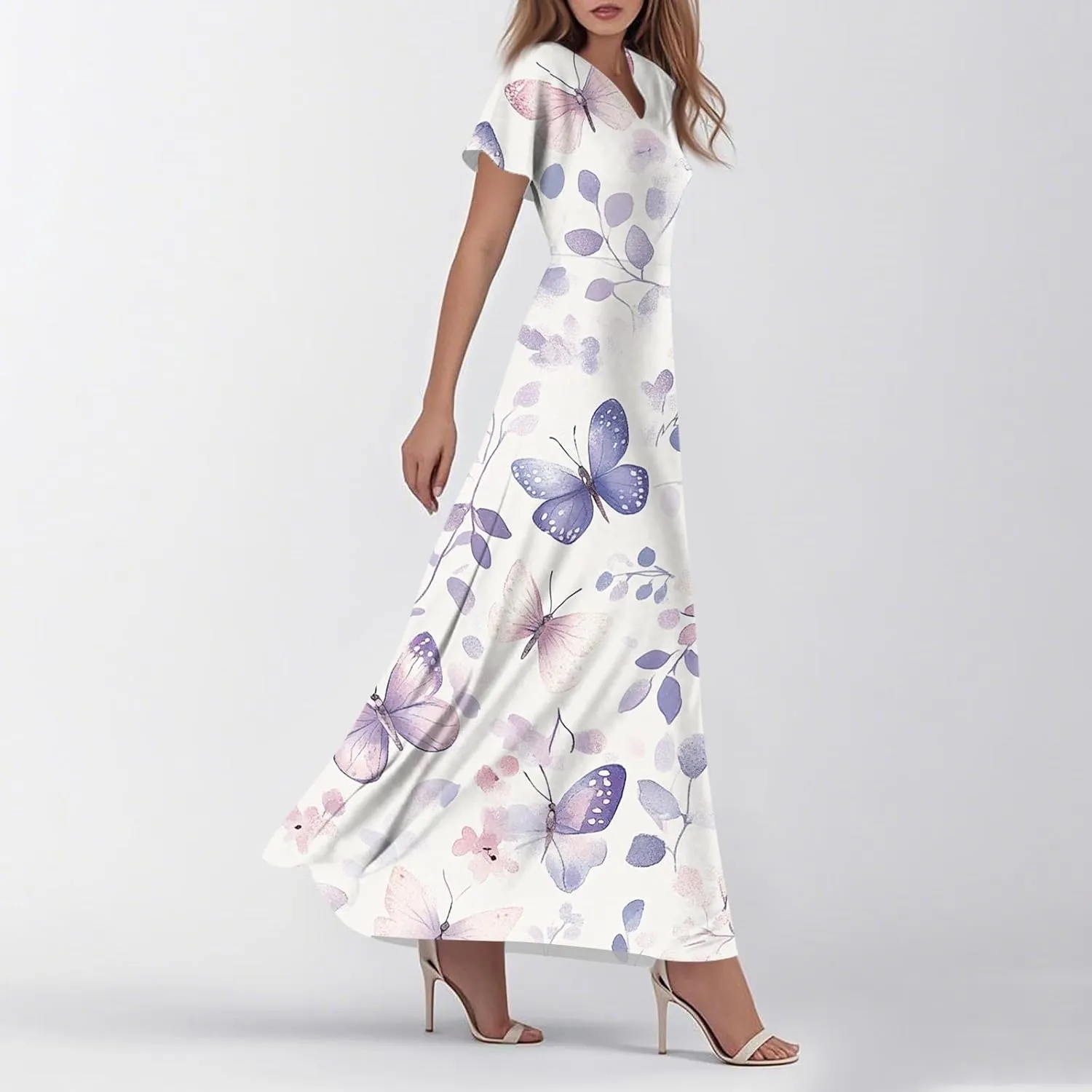 Summer Dresses for Women 2025 Casual Floral V-Neck Ruffle Short Sleeve Casual Wedding Guest Aline Swing Long Dress,XS-2XL