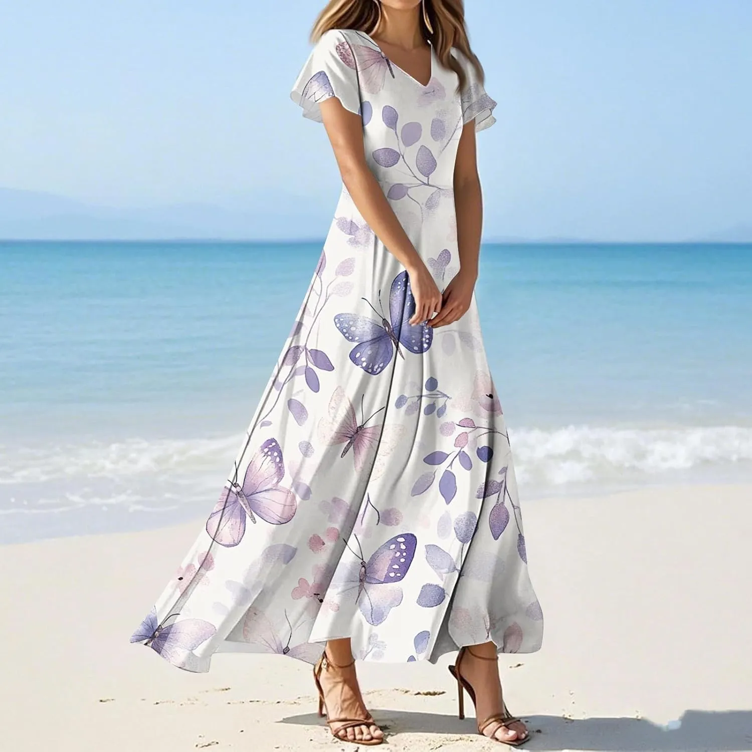 Summer Dresses for Women 2025 Casual Floral V-Neck Ruffle Short Sleeve Casual Wedding Guest Aline Swing Long Dress,XS-2XL