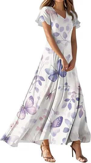 Summer Dresses for Women 2025 Casual Floral V-Neck Ruffle Short Sleeve Casual Wedding Guest Aline Swing Long Dress,XS-2XL