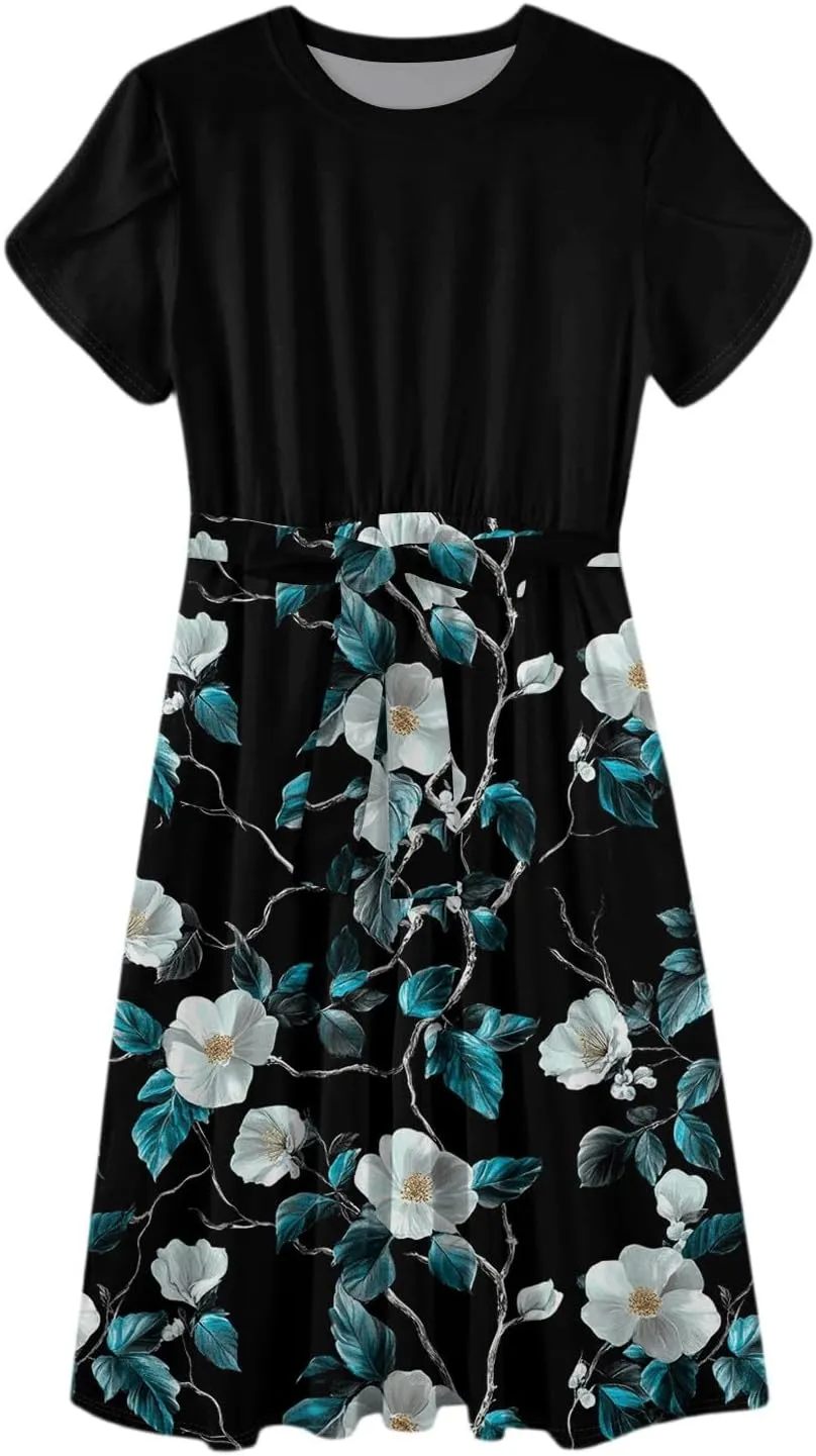 Summer Dresses for Women 2025 Casual Loose Trendy Short Sleeve Crewneck Floral Print Boho Midi Dress, S-2XL