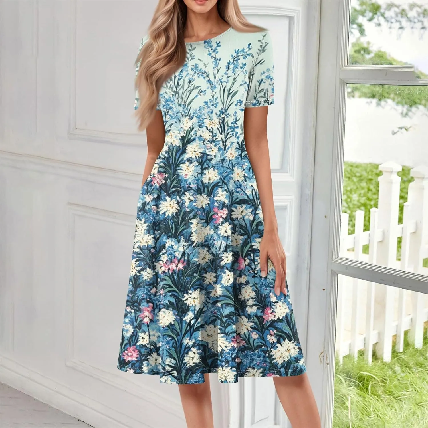 Summer Dresses for Women 2025 Crewneck Short Sleeve Empire Waist A Line Dress Side Pockets Midi Sun Dress Vacation