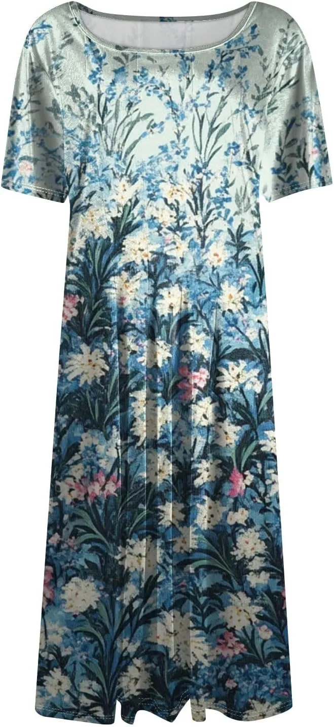 Summer Dresses for Women 2025 Crewneck Short Sleeve Empire Waist A Line Dress Side Pockets Midi Sun Dress Vacation