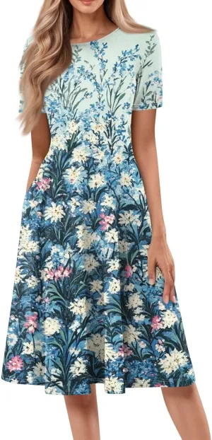 Summer Dresses for Women 2025 Crewneck Short Sleeve Empire Waist A Line Dress Side Pockets Midi Sun Dress Vacation